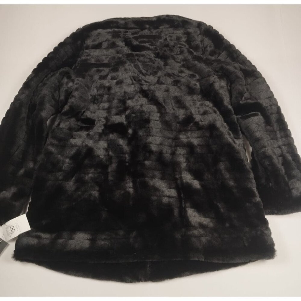 Vince Camuto Women M Black Faux Fur Car Coat Textured Mid Length Jacket NWT - Picture 2 of 5